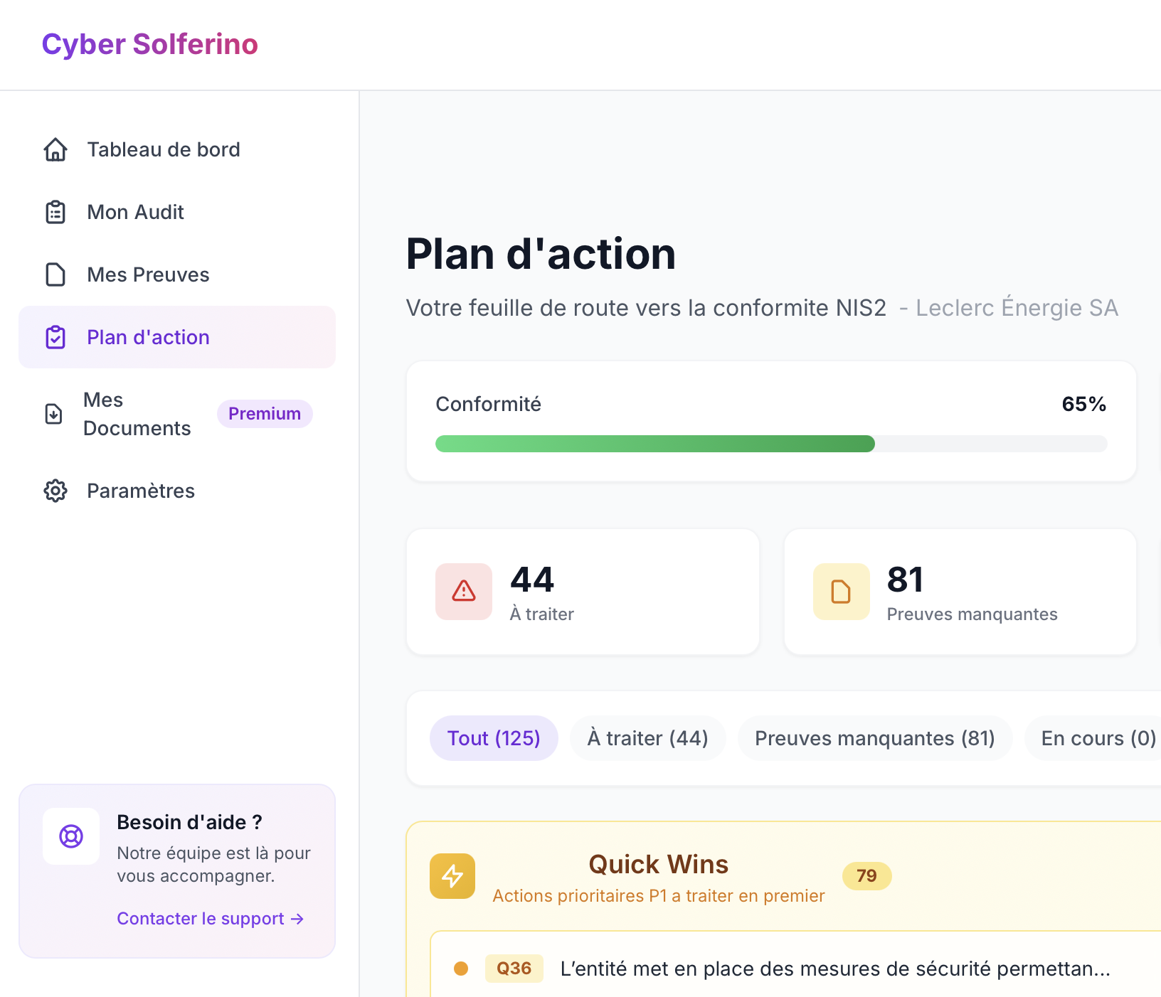 Interface de la plateforme d'audit NIS2
